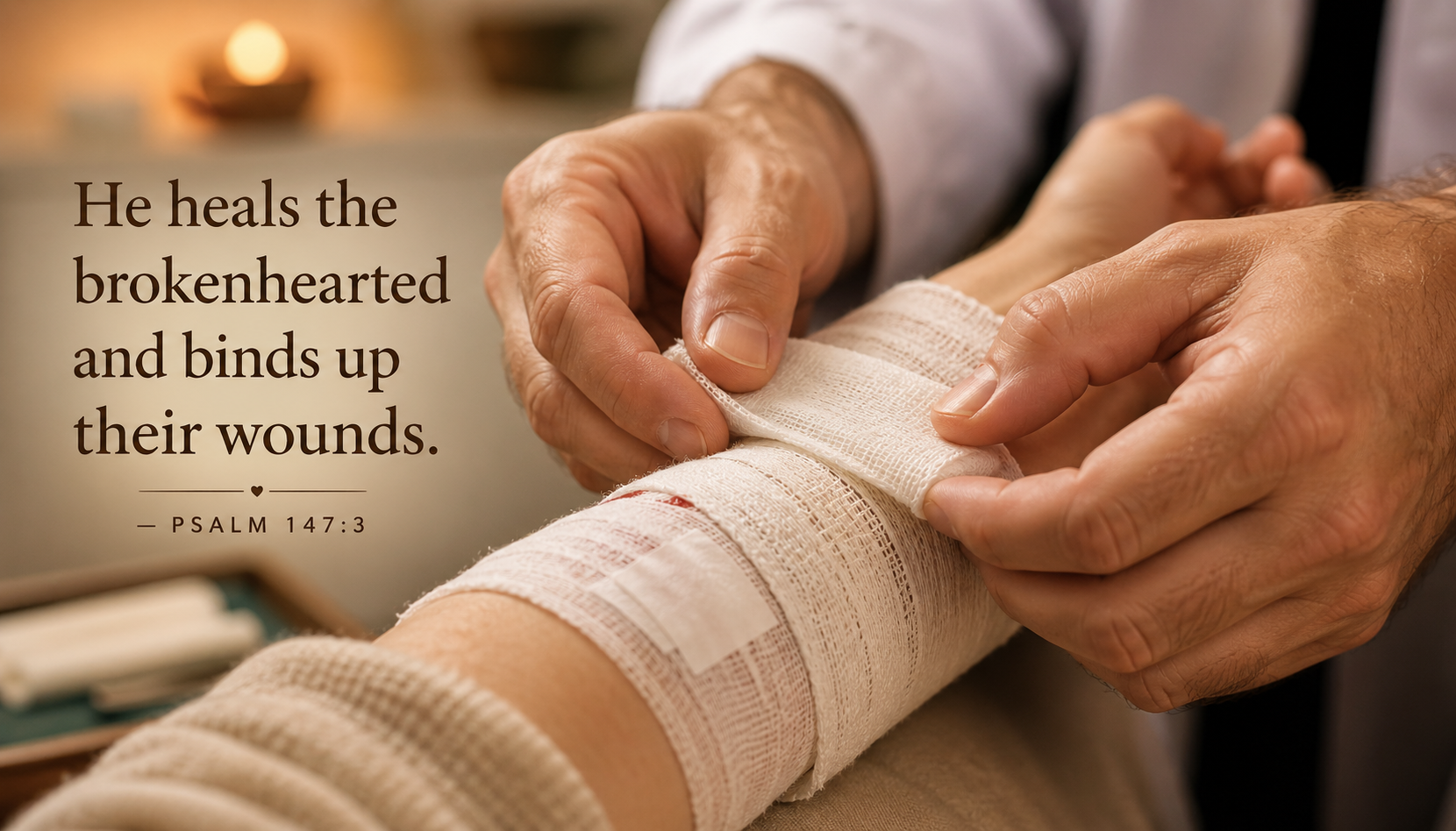 Gentle hands wrapping gauze around a wound in warm clinic light with Psalm 147:3 Bible verse text